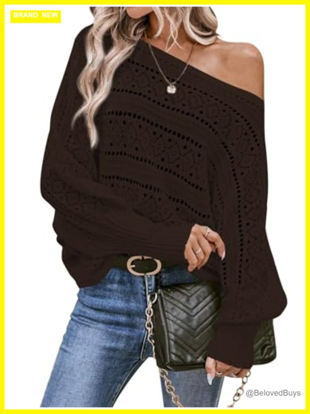 Off Shoulder Oversized Crochet Knit Sweater Batwing Sleeve Pullover